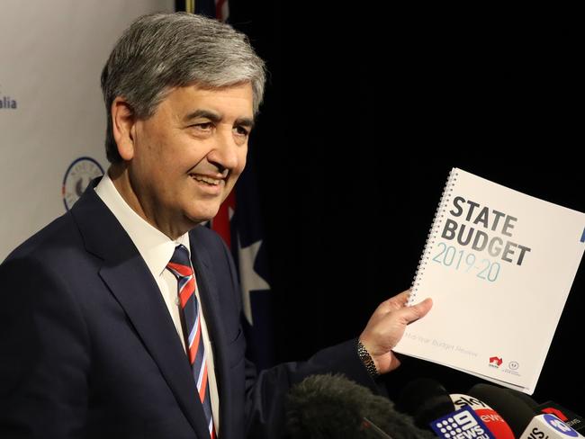 South Australian Treasurer Rob Lucas is seen during a press conference about the South Australian Mid-Year budget review in Adelaide, Monday, December 9, 2019. (AAP Image/Kelly Barnes) NO ARCHIVING