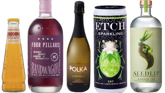 Crodino, Four Pillars bloody bandwagon non-alcoholic gin, Polka sparking cuvee, Etch sparkling and Seedlip Garden 108.