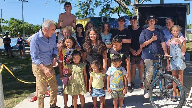 Maisie Monaghan helps Clarence MP Chris Gulaptis cut the ribbon to officially open the relocated youth hubs while being watched on by some excited Clarence Valley youth and Clarence Valley Mayor Jim Simmons.