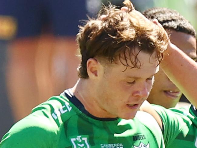 QUEANBEYAN, AUSTRALIA - FEBRUARY 25: Ethan Strange of the Raiders celebrate a try with team mates during the NRL Pre-season challenge match between Canberra Raiders and North Queensland Cowboys at Seiffert Oval on February 25, 2024 in Queanbeyan, Australia. (Photo by Mark Nolan/Getty Images)