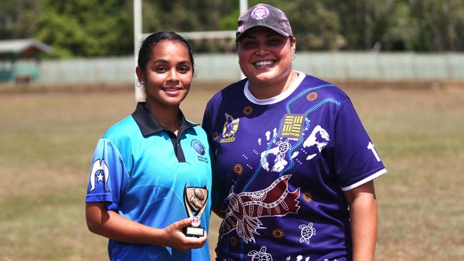 Pictured: Mistee Sagigi and Luana Healey. AFL Chris Johnson and Angie Nadredre Cups 2024. Photo: Gyan-Reece Rocha