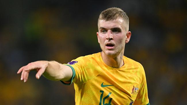 AL WAKRAH, QATAR - NOVEMBER 30: Riley McGree of Australia looks on during the FIFA World Cup Qatar 2022 Group D match between Australia and Denmark at Al Janoub Stadium on November 30, 2022 in Al Wakrah, Qatar. (Photo by Stuart Franklin/Getty Images)