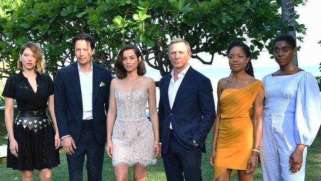 The cast of No Time To Die, l-r Lea Seydoux, director Cary Joji Fukunaga, Ana de Armas, Daniel Craig, Naomie Harris and Lashana Lynch in Jamaica last year at the start of filming. Picture: Slaven Vlasic/Getty Images for Metro Goldwyn Mayer Pictures