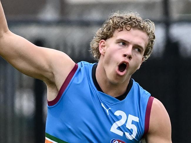 ADELAIDE, AUSTRALIA - JUNE 04: Jed Walter of the Allies celebrates a goal during the 2023 AFL National Championships match between South Australia and the Allies at Thebarton Oval on June 04, 2023 in Adelaide, Australia. (Photo by Mark Brake/AFL Photos/via Getty Images)