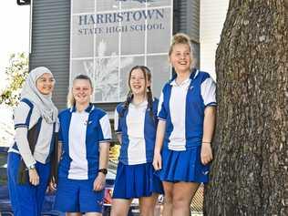 CHOOSING NAMES: Harristown State High School students, including (from left) Anisa Anderson, Madison Hartley, Ambah More and Erin Ryan, submitted names for the Toowoomba Bypass. Picture: Nev Madsen