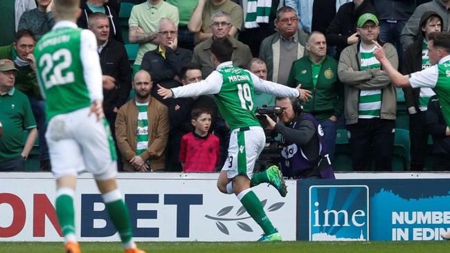 Jamie Maclaren celebrates his goal against Celtic