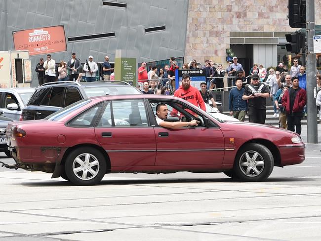 A car allegedly driven by Dimitrious Gargasoulas outside Federation Square prior to the Bourke St incident. Picture: Tony Gough