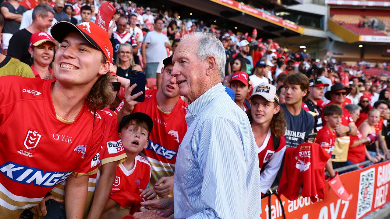 Dolphins coach Wayne Bennett celebrates with fans after the round one NRL match between the Dolphins and Sydney Roosters. Picture: Getty Images