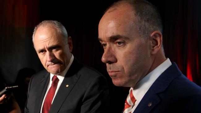 19/12/2018 NAB Chairman Ken Henry and CEO Andrew Thorburn speaking at a press conference after the AGM at Melbourne Convention Centre.Picture : David Geraghty / The Australian.