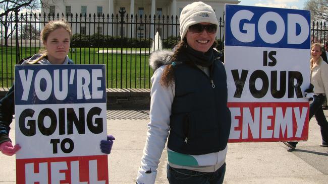 Phelps-Roper picketing outside the White House with sister Grace in 2008. (Picture: Supplied)