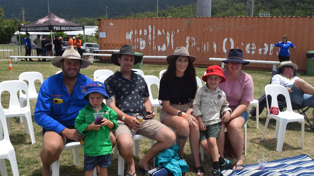 Dan and Toby Maher (3) with Scott Hamilton, Emma Daimes and Renee and Blake Maher (6) from Bowen at the PBR Airlie Beach Invitational. Picture: Laura Thomas