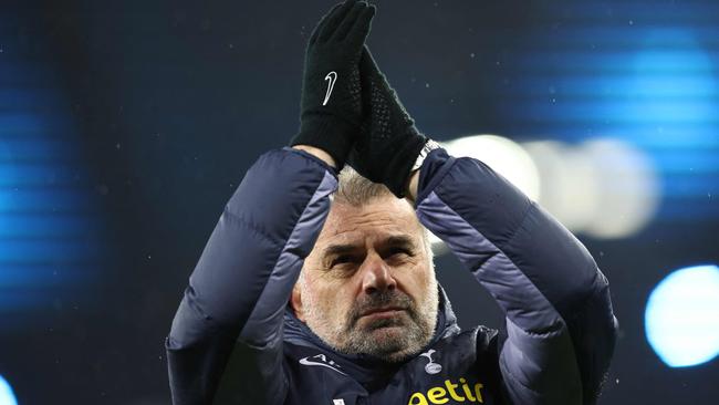 Ange Postecoglou acknowledges the support of Tottenham’s fans after his side’s 3-3 draw with Manchester City. Picture: Darren Staples / AFP