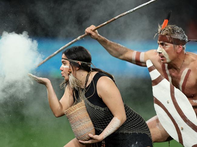 ADELAIDE, AUSTRALIA - AUGUST 01: Welcome to Country during the FIFA Women's World Cup Australia & New Zealand 2023 Group D match between China and England at Hindmarsh Stadium on August 01, 2023 in Adelaide, Australia. (Photo by Sarah Reed/Getty Images)