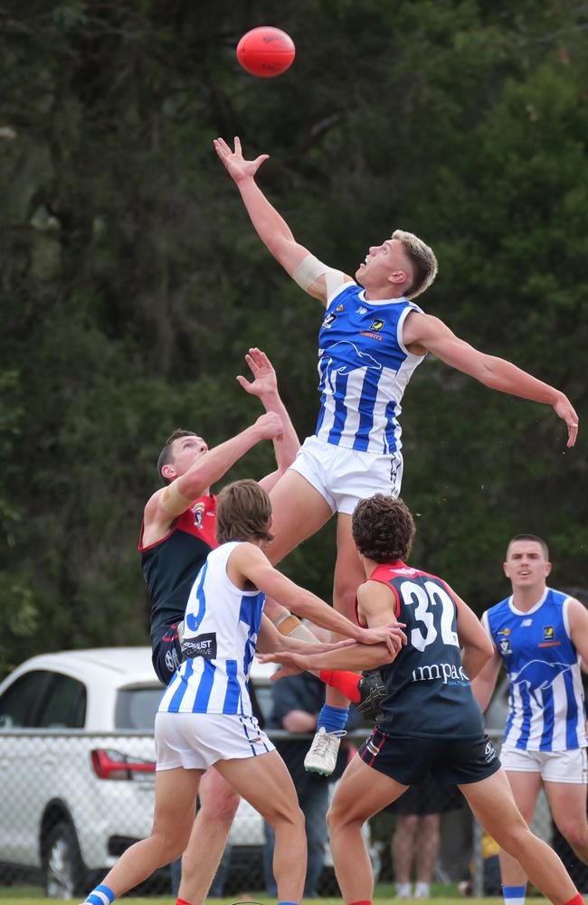 Corey Slefendorfas wins a tap out for Langwarrin. Picture: Paul Churcher