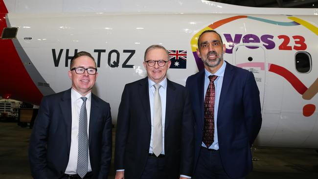 Departing Qantas CEO Alan Joyce, Prime Minister Anthony Albanese and former footballer Adam Goodes at the recent launch of the Qantas 'Yes' Campaign in Sydney. Picture: Gaye Gerard/NCA Newswire