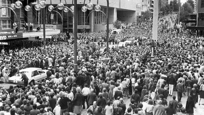 The opening of the Bourke Street Mall by the Prince and Princess of Wales in 1983. PICTURE: NORM OORLOFF