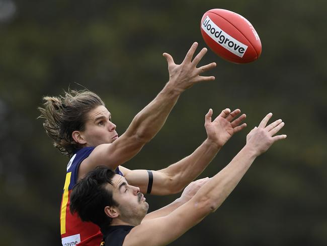 RDFL footy: Lancefield V Diggers Rest at Lancefield. Taylor Hine and James Wooster. Picture: Andy Brownbill