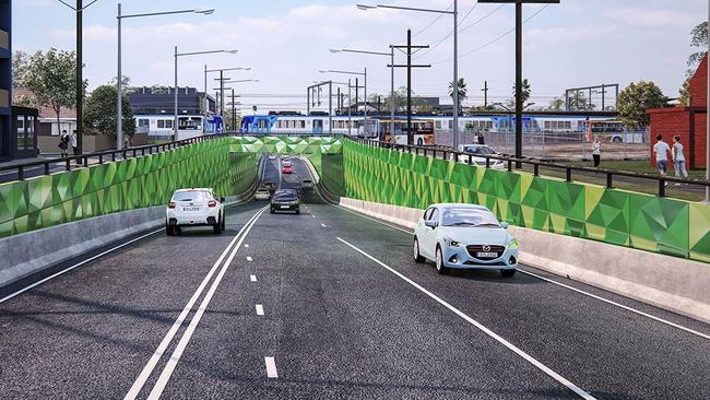 An artist’s impression of how the Buckley St level crossing removal project would look with road going under the rail line.