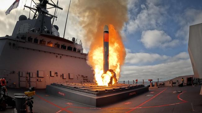 HMAS Brisbane fires a Tomahawk missile off of the cost of San Diego in a test launch by Australia of the long-range strike weapon. Picture: Defence