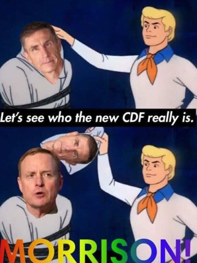 A meme circulating in military circles showing Angus Campbell's face being removed to reveal David Morrison as the real Chief of Defence.