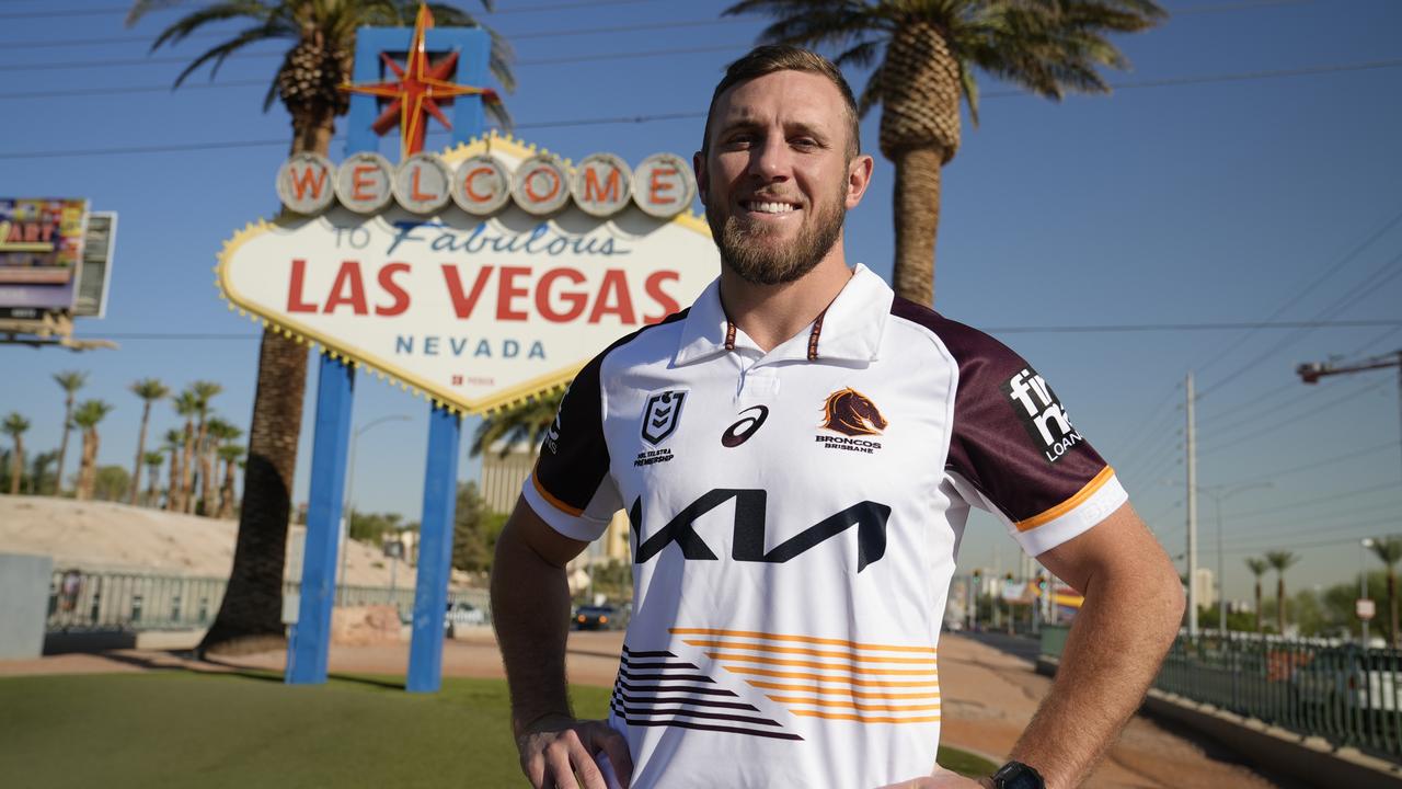 Broncos forward Kurt Capewell launches Brisbane’s away jersey in Vegas.