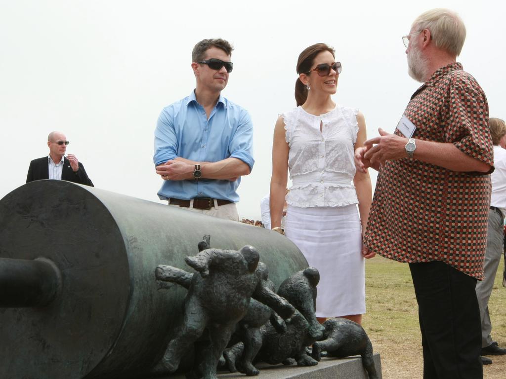 Denmark's Crown Prince Couple Mary and Frederik chatted with Danish artist Keld Moseholm, whose “Rolling Pin” sculpture was included in the 2011 event.