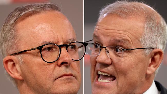 COMPOSITE IMAGE - (BOTH HAVE SAME CAPTION)FEDERAL ELECTION TEAM 2022. LEADERS DEBATE.  POOL IMAGES. 20/4/2022Sky News / The Courier-Mail PeopleÃƒÆ’Ã‚â€¢s Forum with Scott Morrison  and Anthony Albanese at the Gabba, Brisbane in front of 100 undecided voters, the first debate of the federal election. Picture: Toby Zerna