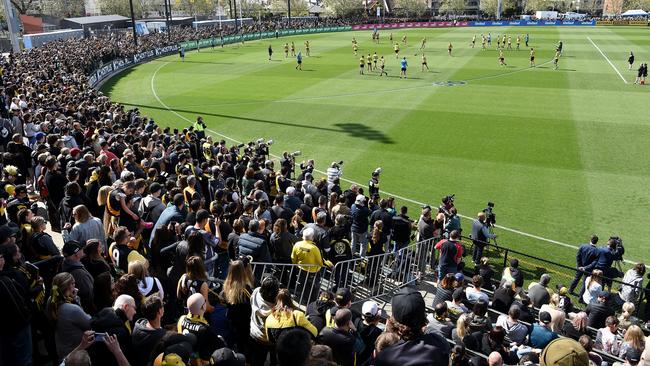 Tiger fans pack Punt Rd for their teams’ final training session before the Grand Final. Picture: Nicole Garmston