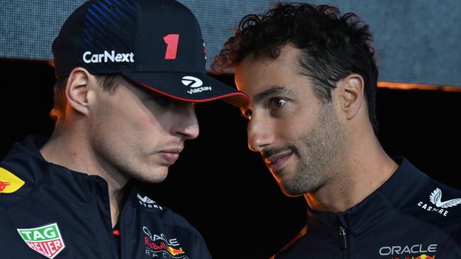 Max Verstappen with Daniel Ricciardo at the new Red Bull car launch. Picture: ED JONES / AFP