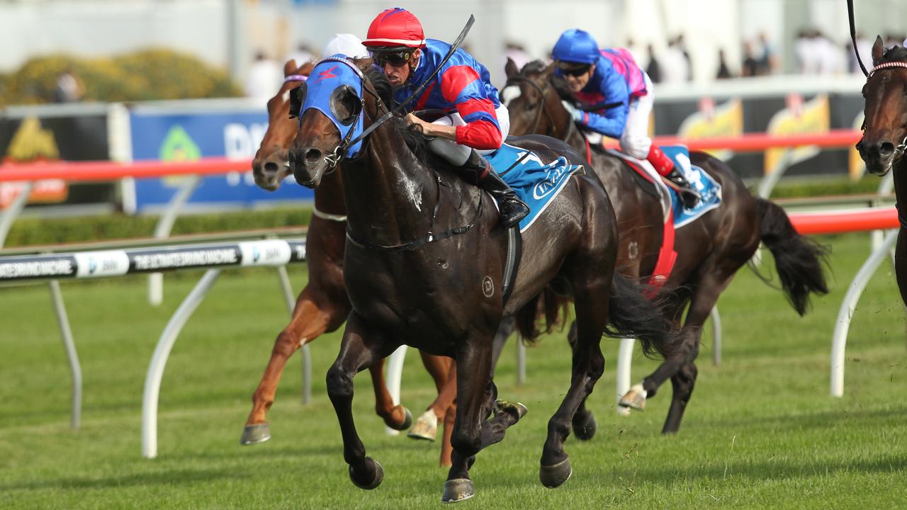 Racehorse Pierro ridden by jockey Nash Rawiller winning race 5, Sire Produce Stakes at Royal Randwick Racecourse in Sydney.