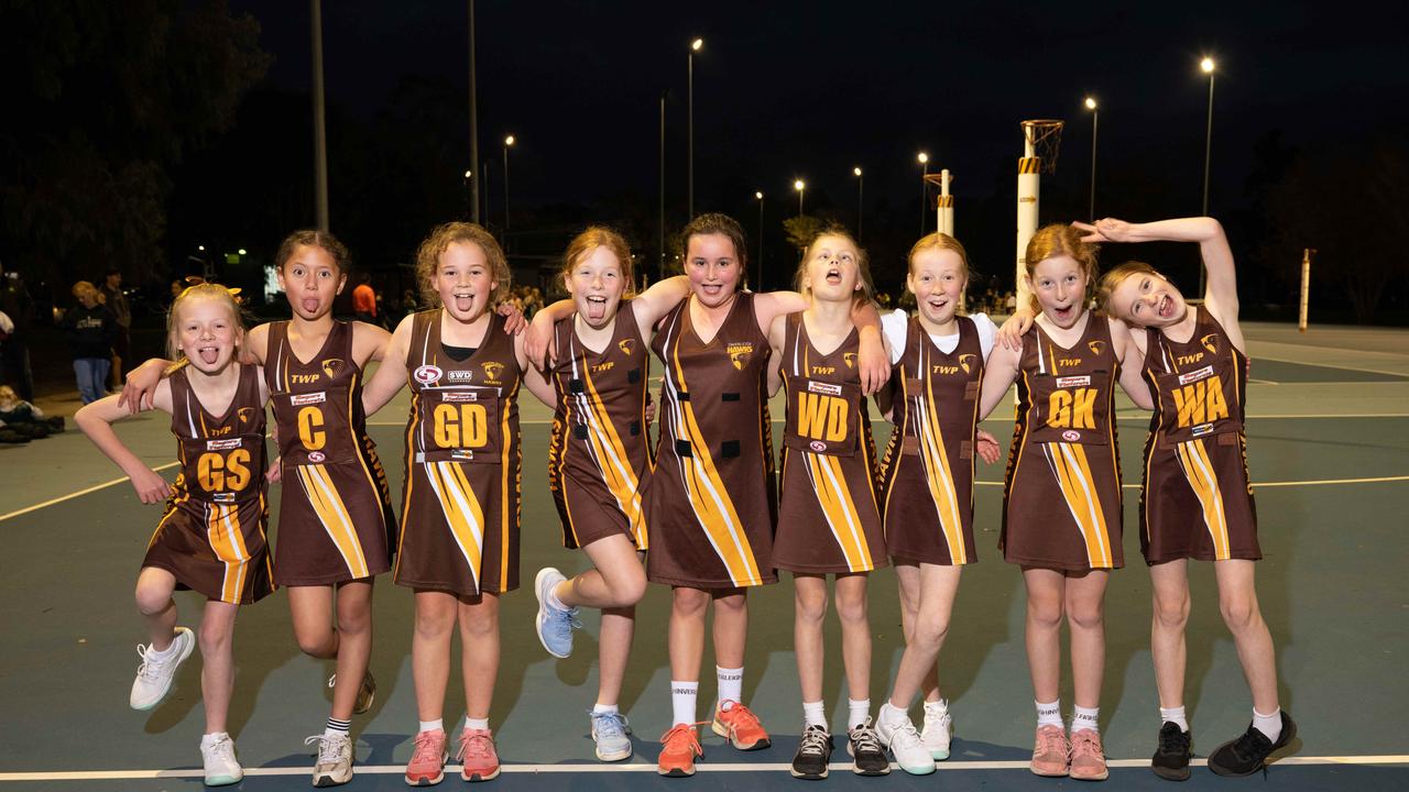 Inverleigh Kayler-Thomson under-11 netball team pull their funniest faces.