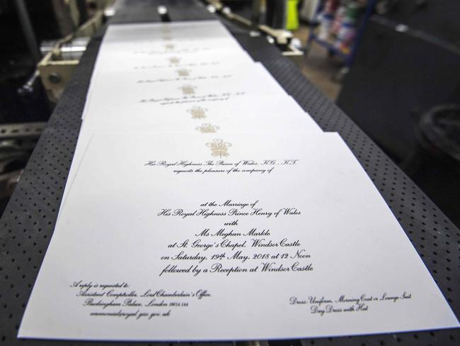 Invitations for the wedding of Prince Harry and Meghan Markle have been printed at the workshop of Barnard and Westwood in London. Picture: AFP/Victoria Jones