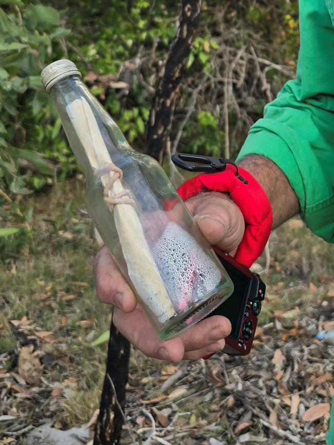 The message contained in the Schweppes bottle set adrift from Navini Island Resort in Fiji by three girls from Sunnyvale, California, eight years ago. Picture: Supplied