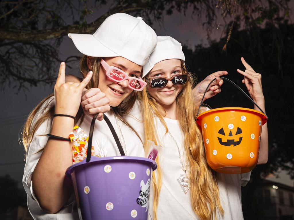 Ailey Rollans (left) and Amelia Ellis having fun on Halloween, Thursday, October 31, 2024. Picture: Kevin Farmer