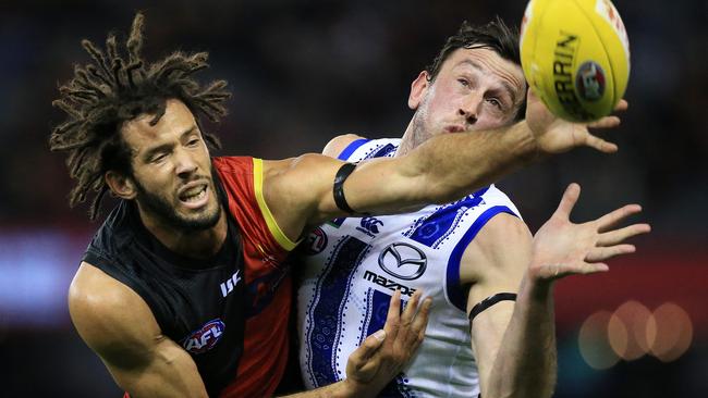 Zac Clarke beats Todd Goldstein for the ruck tap. Picture: Mark Stewart