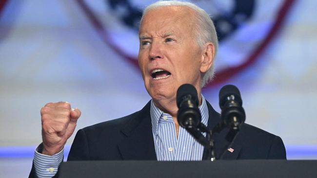 US President Joe Biden shows a more strident side during a campaign event in Wisconsin on Friday. Picture: AFP