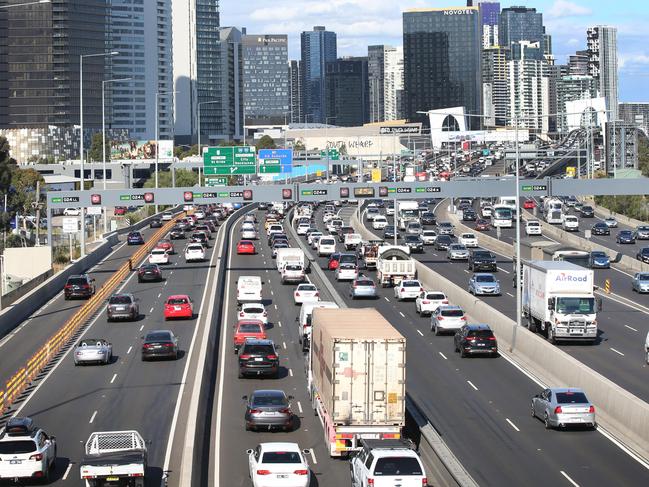 Peak hour congestion on the Westgate Freeway city bound. Picture: David Caird