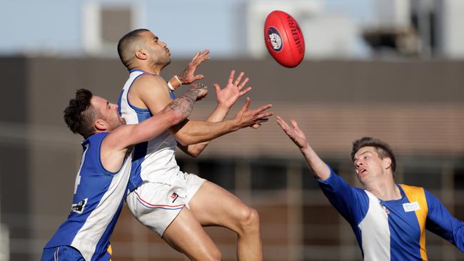 Former St Kilda forward Ahmed Saad marks during West Preston-Lakeside’s grand final win last season in the Northern Football League. Picture: Mark Dadswell. 