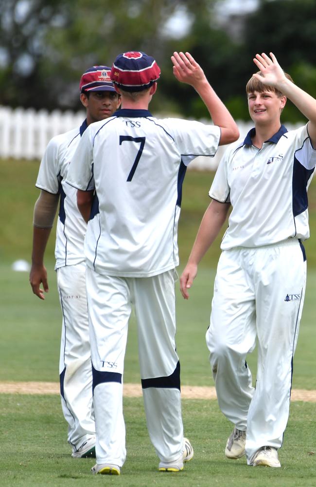 TSS bowler Cameron Sinfield celebrates a wicket in the GPS First XI match between Nudgee College and TSS earlier this year.