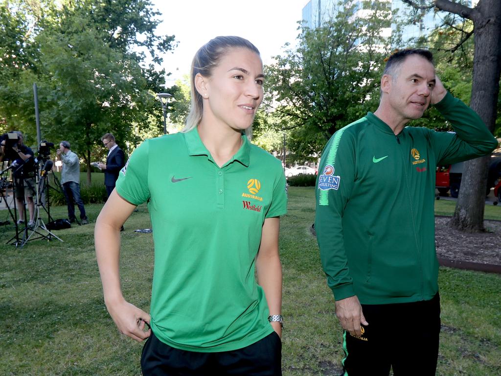 Steph Catley (left) was part of the Matildas team coached by Ante Milicic (right). Picture: AAP Image/Kelly Barnes