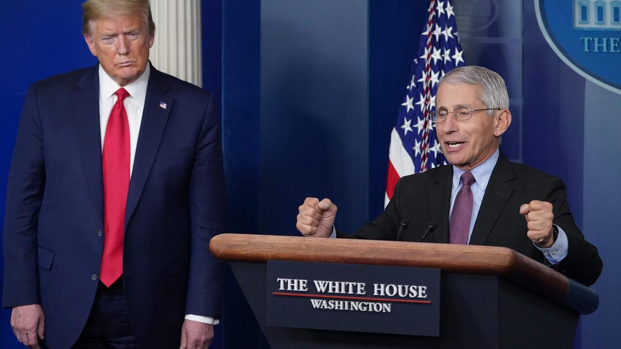 President Trump and Dr Fauci during one of the White House’s coronavirus briefings. Picture: Mandel Ngan/AFP