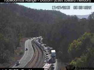 Traffic backed up on the Warrego Highway near the Toowoomba Range. Picture: Qld Traffic