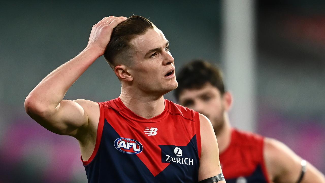 MELBOURNE, AUSTRALIA – JULY 17: Bayley Fritsch of the Demons looks dejected after the game ended in a draw during the round 18 AFL match between Melbourne Demons and Hawthorn Hawks at Melbourne Cricket Ground on July 17, 2021 in Melbourne, Australia. (Photo by Quinn Rooney/Getty Images)