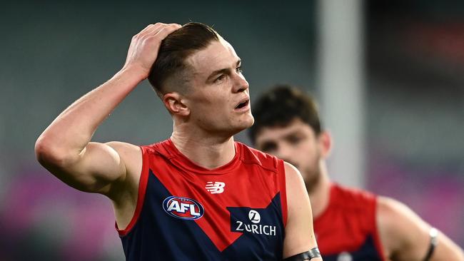 MELBOURNE, AUSTRALIA – JULY 17: Bayley Fritsch of the Demons looks dejected after the game ended in a draw during the round 18 AFL match between Melbourne Demons and Hawthorn Hawks at Melbourne Cricket Ground on July 17, 2021 in Melbourne, Australia. (Photo by Quinn Rooney/Getty Images)