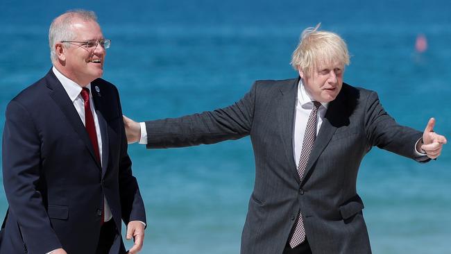 Then British prime minister Boris Johnson (right) was supportive of Scott Morrison’s plan, which became AUKUS. Picture: Peter Nicholls/WPA Pool/Getty Images