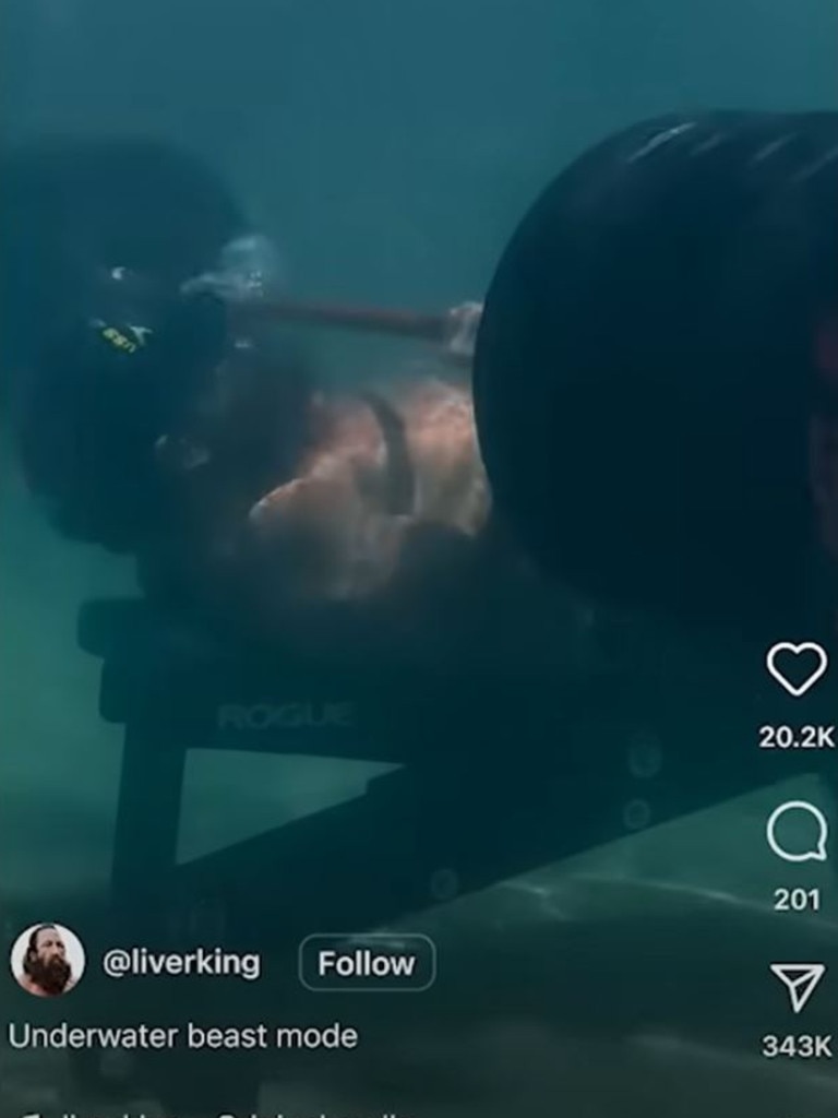 Brian used to film daring stunts – including bench pressing underwater. Picture: Instagram/LiverKing