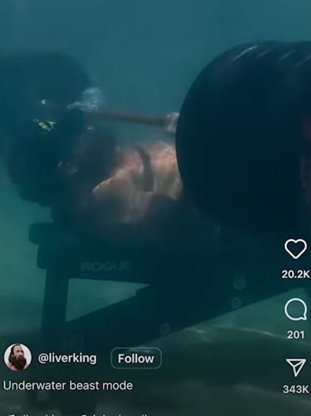 Brian used to film daring stunts – including bench pressing underwater. Picture: Instagram/LiverKing