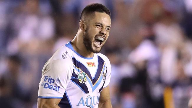 Jarryd Hayne celebrates victory against the Sharks.