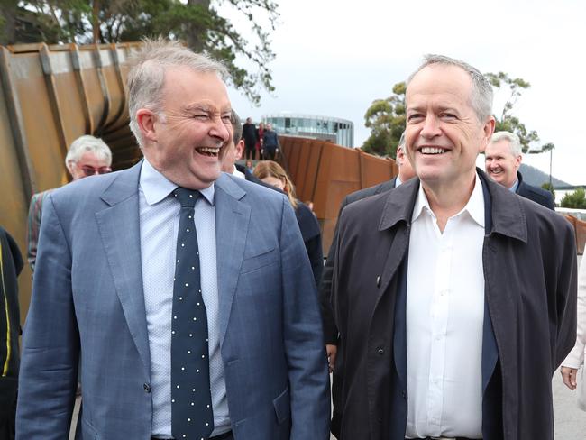 Opposition Leader Bill Shorten with Shadow Minister for Tourism, Anthony Albanese in Hobart, Tasmania. Picture Kym Smith