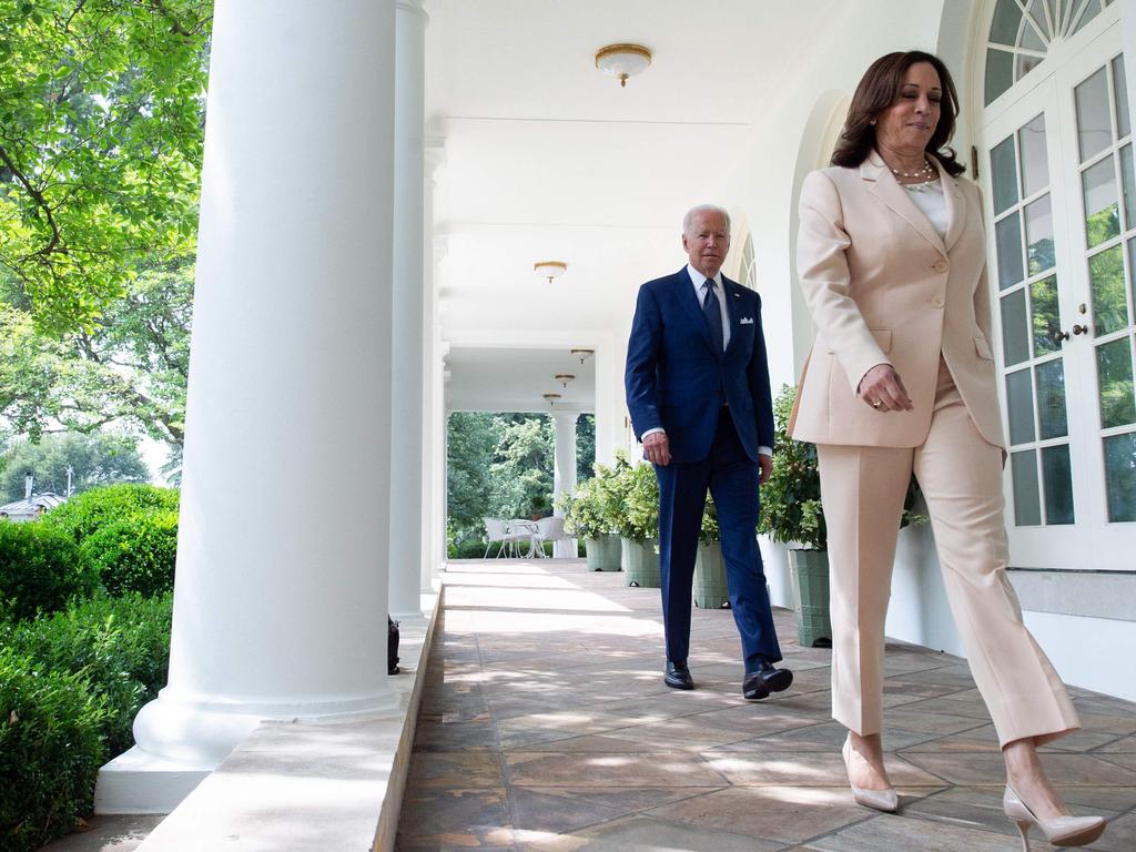 US President Joe Biden and US Vice President Kamala Harris walk down the West Wing Colonnade, July 2021. Picture: Saul Loeb/AFP